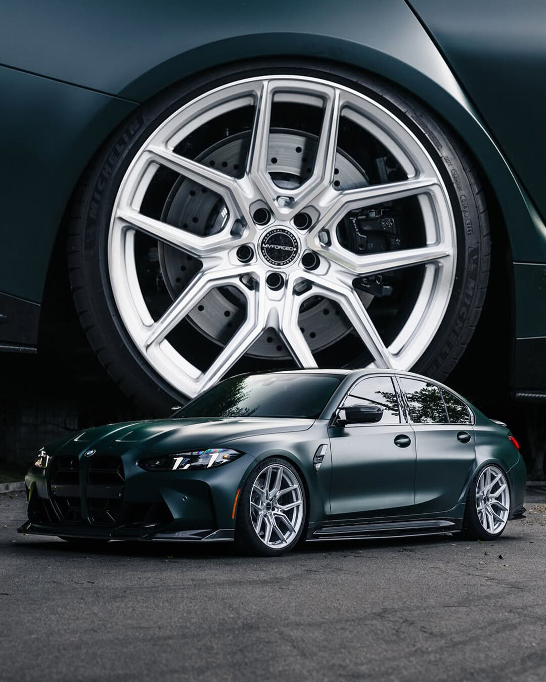 Matte green BMW M3 on MV Forged wheels, custom wheel and parts fitment by Lusso Auto Design